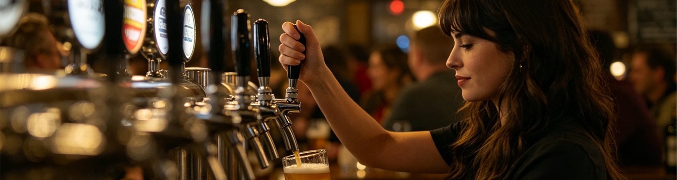 Bar operator pulling a drink on a multi-tap dispense line