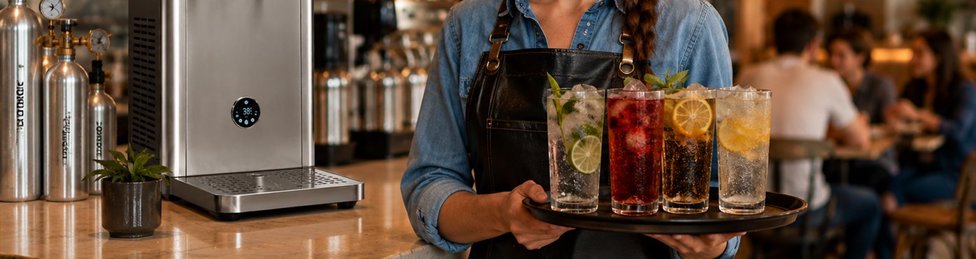 Counter-top dispense unit with CO₂ cylinders in situ and a tray of finished drinks
